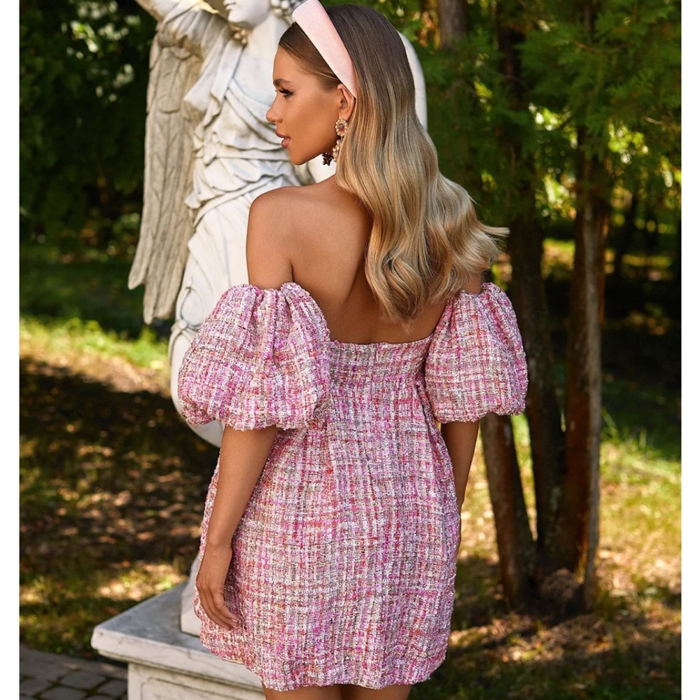 alamour the label mini pink tweed dress